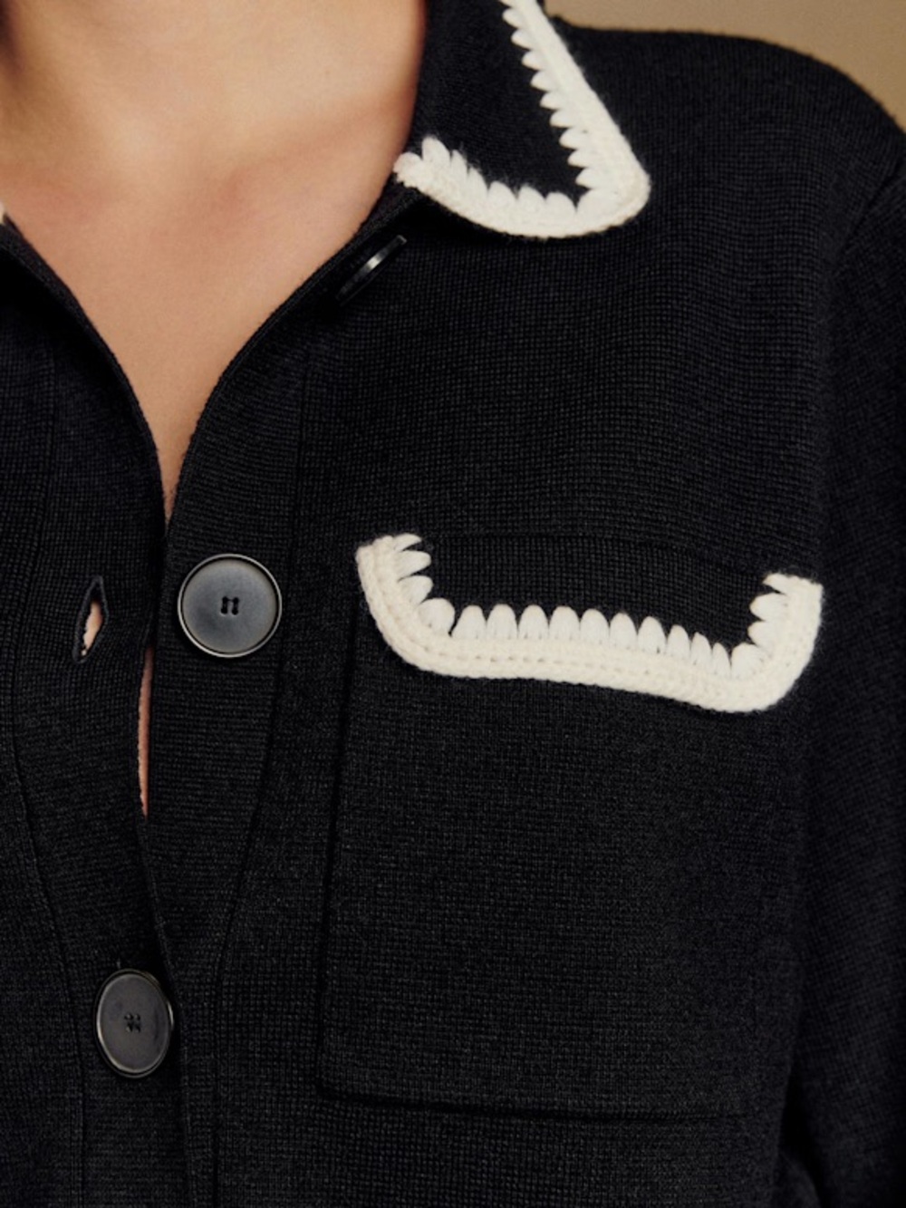 SEZANE Black Merino Wool Knit Collared Betty Cardigan w/ White Crochet Details - Picture 4 of 17